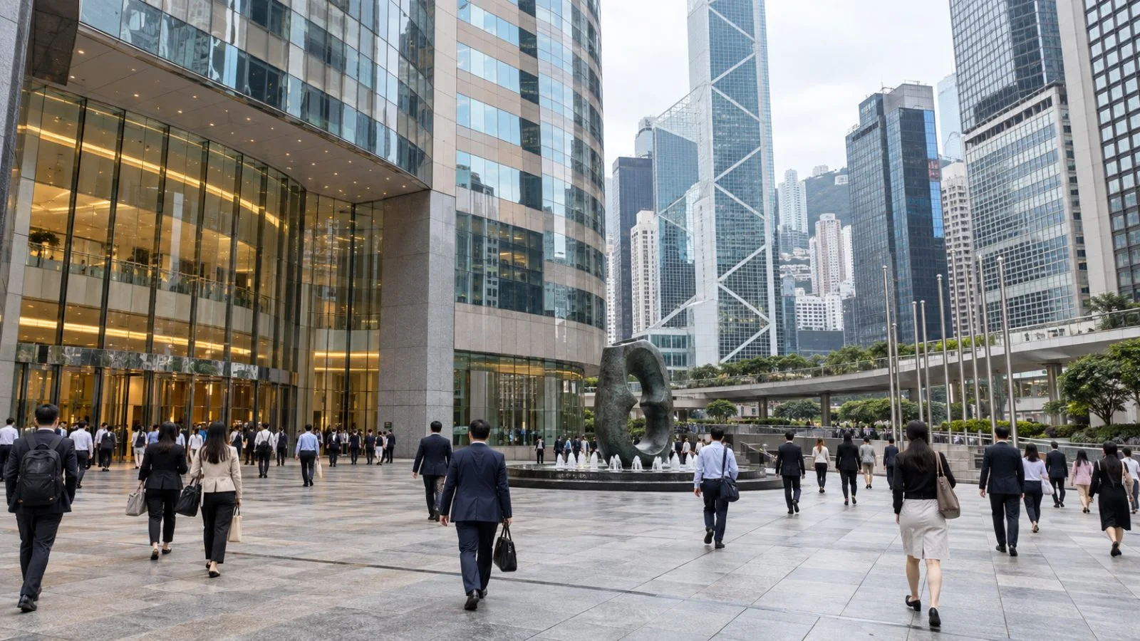 Commuters cross the plaza outside Exchange Square in Central, Hong Kong (AI-generated image / EconoTimes)
