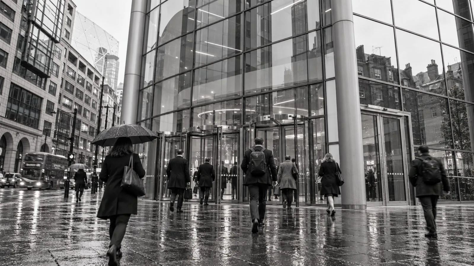 Office workers enter 250 Bishopsgate in London on a wet morning. / EconoTimes.ai