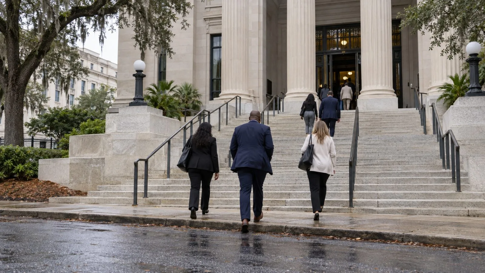 Visitors enter a juvenile court building in Tallahassee, Florida, on an overcast morning. (AI-generated image / EconoTimes)