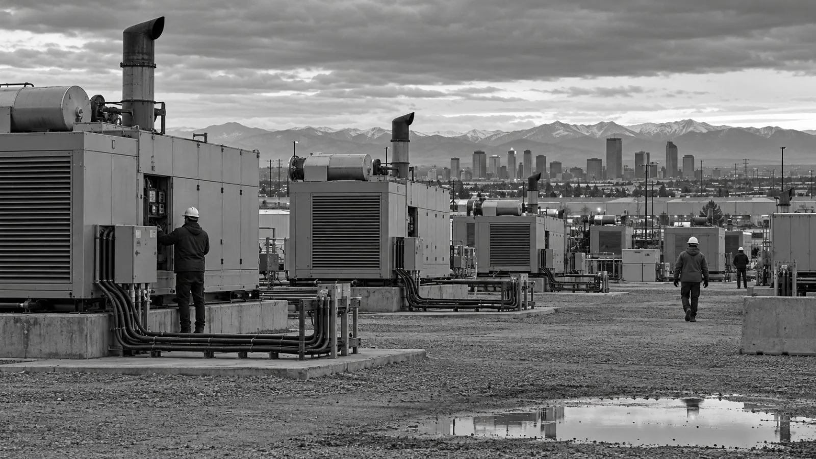 Natural gas generator units stand in an industrial equipment yard in Denver, Colorado. (AI-generated image / EconoTimes)