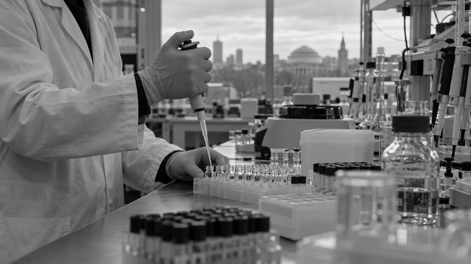 A laboratory worker handles sample vials inside a biotechnology research lab in Cambridge, Massachusetts. (AI-generated image / EconoTimes)