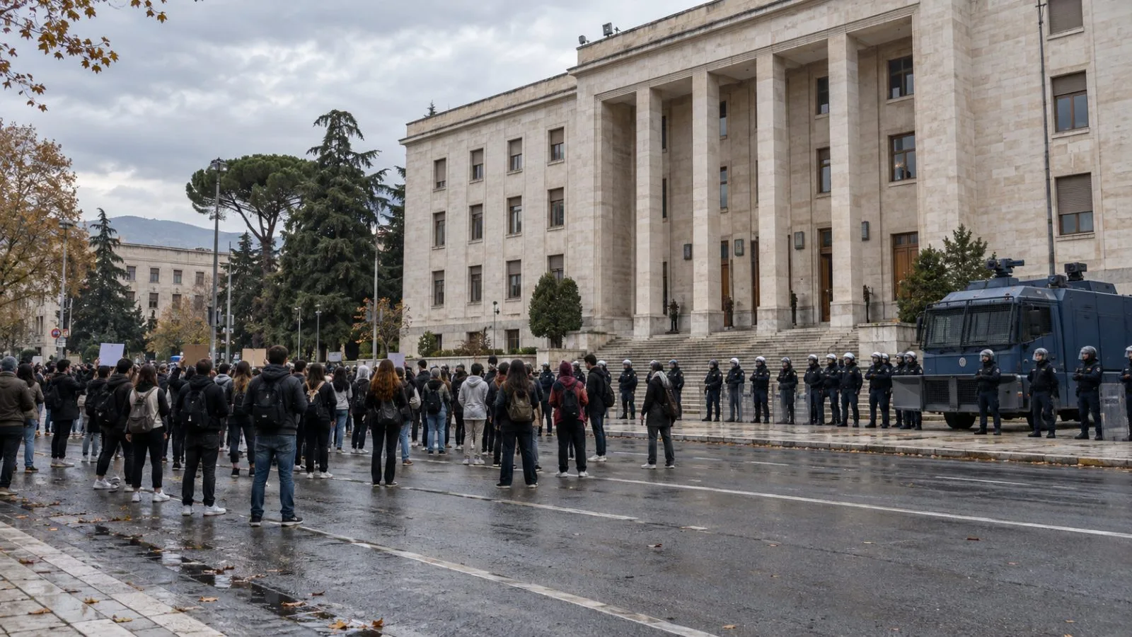 Students gather outside Albania’s Education Ministry during demonstrations in Tirana. (AI-generated image / EconoTimes)