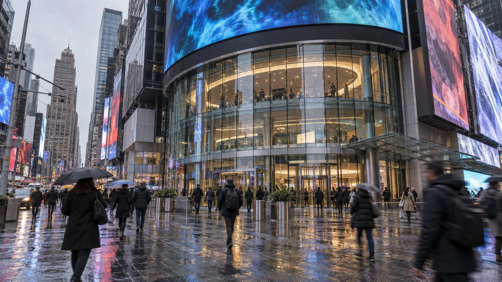 Commuters cross the plaza outside Nasdaq MarketSite in New York City's Times Square. (AI-generated image / EconoTimes)