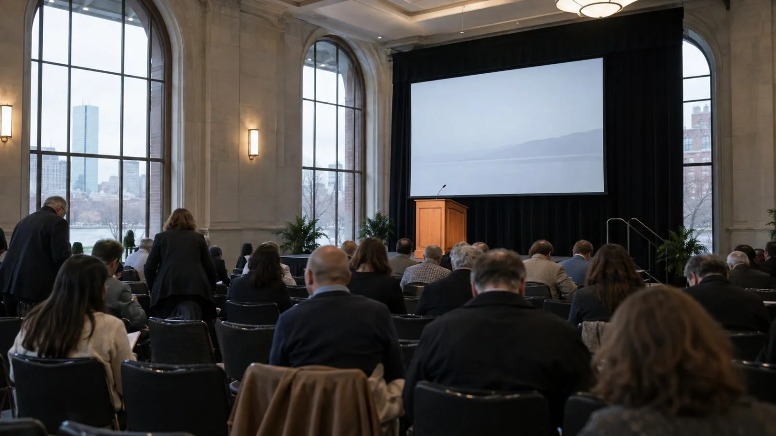 Conference attendees take their seats inside a Boston business conference hall (AI-generated image / EconoTimes)