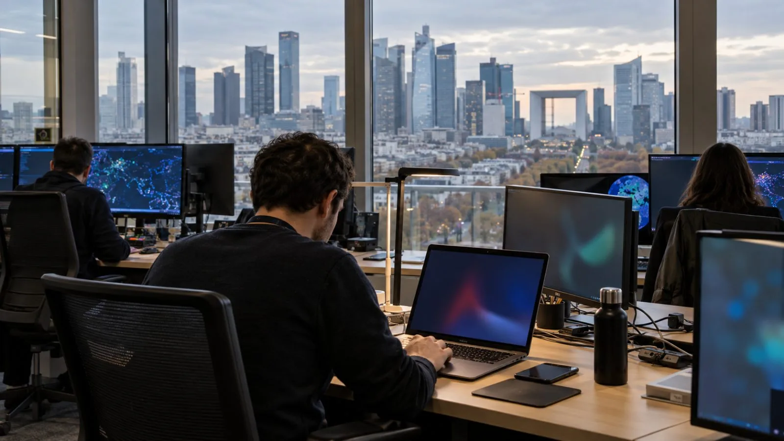 Cybersecurity analysts review a controlled security test at an operations center in La Défense, Paris (AI-generated image / EconoTimes)