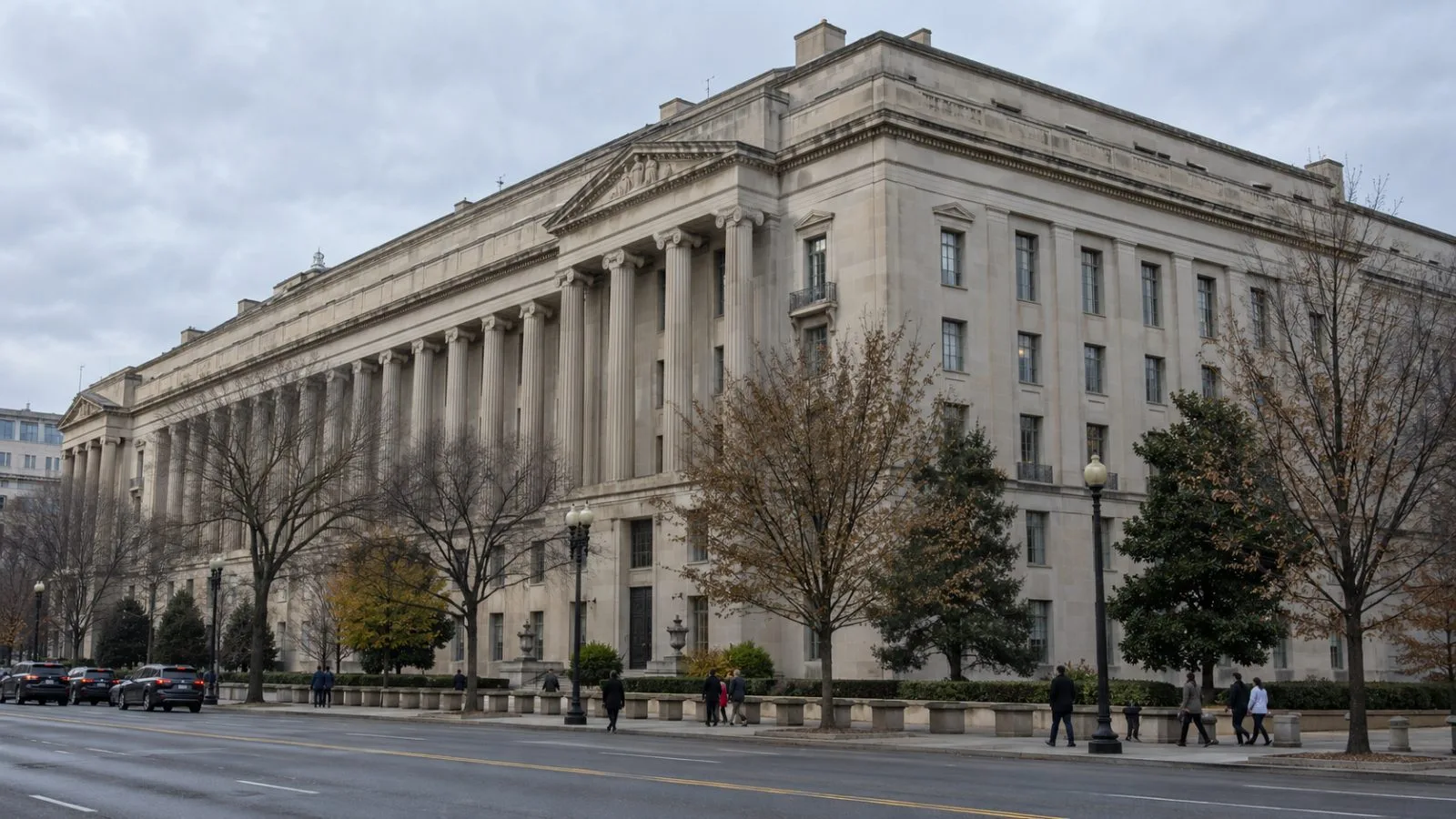 Pedestrians pass the Department of Justice building in Washington, D.C. (AI-generated image / EconoTimes)