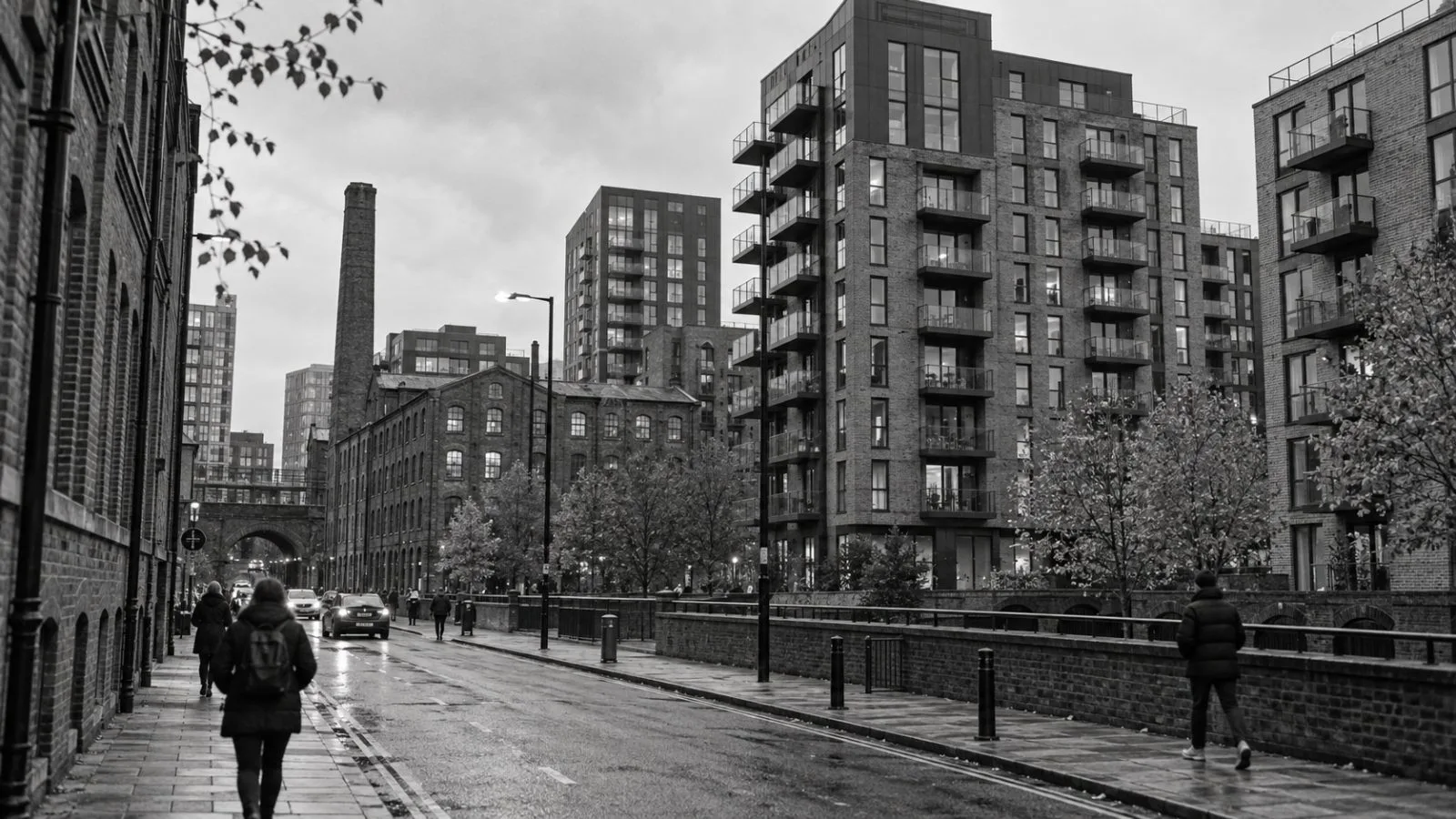 Apartment buildings line a street in Ancoats, Manchester, England. (AI-generated image / EconoTimes)