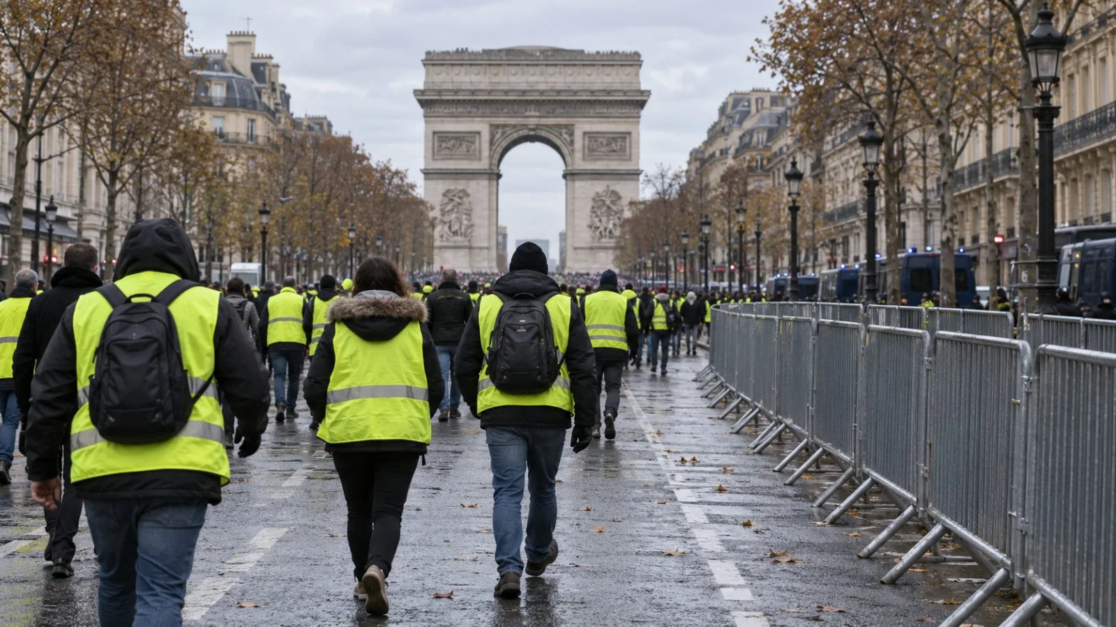 People in yellow vests walk past police barriers on a central Paris boulevard. (AI-generated image / EconoTimes)
