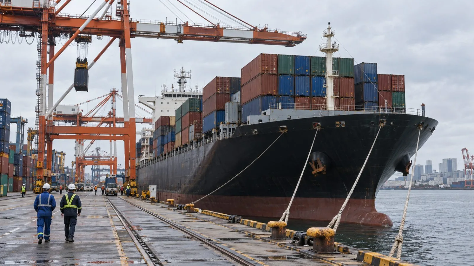 A container vessel sits beside cranes at the Port of Tokyo, Japan. (AI-generated image / EconoTimes)