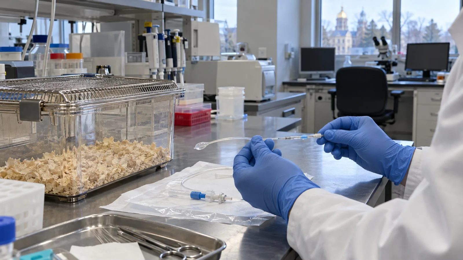 A coated urinary catheter is examined in a University of Notre Dame laboratory in South Bend, Indiana (AI-generated image / EconoTimes)
