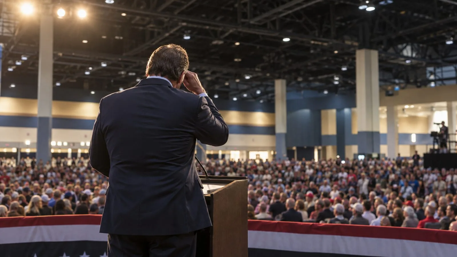 A speaker wipes his eye during a campaign rally at the Ocean Center in Daytona Beach, Florida. (AI-generated image / EconoTimes)