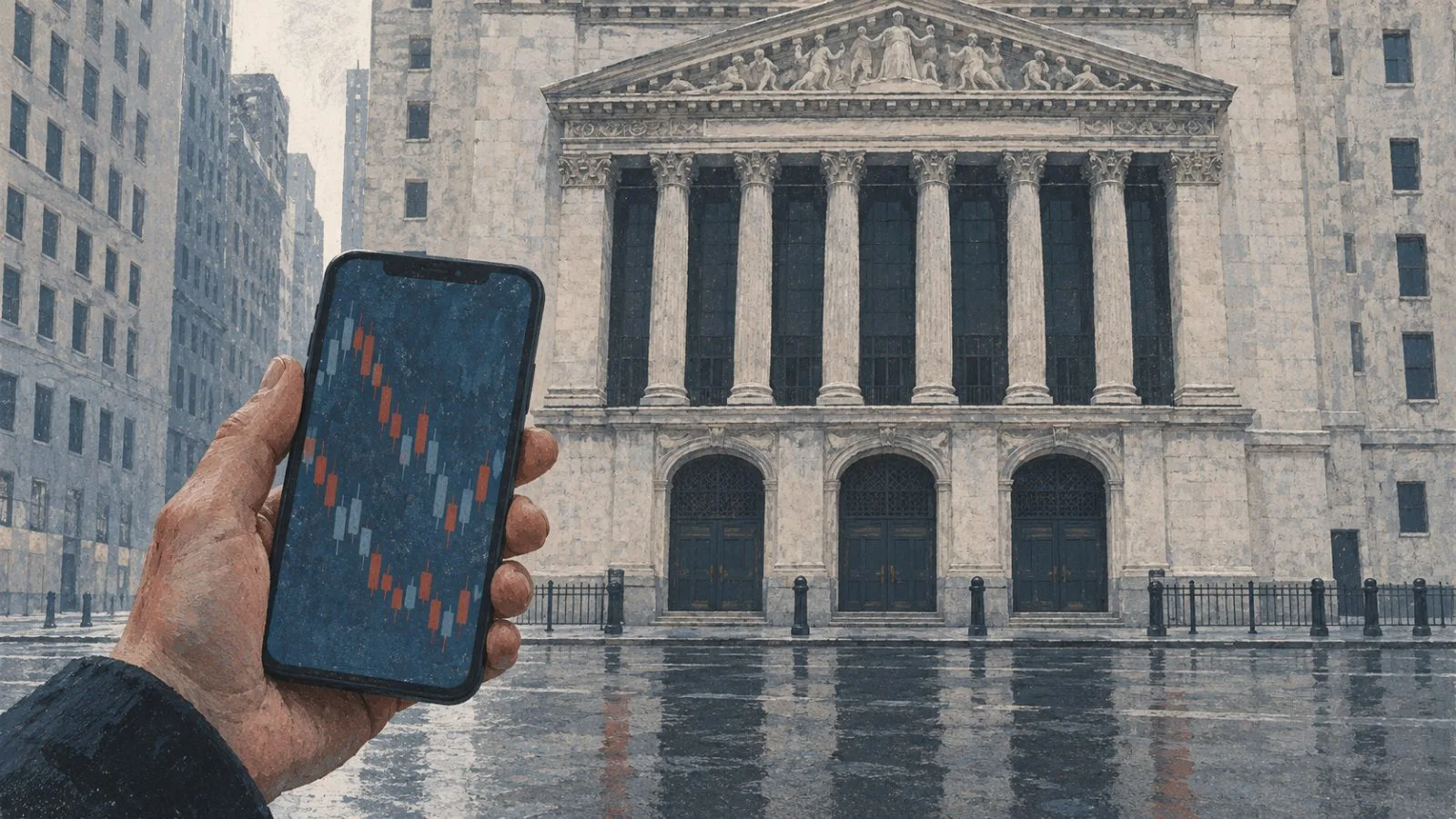 An anonymous hand holds a phone outside the closed New York Stock Exchange in Manhattan. (AI-generated image / EconoTimes)