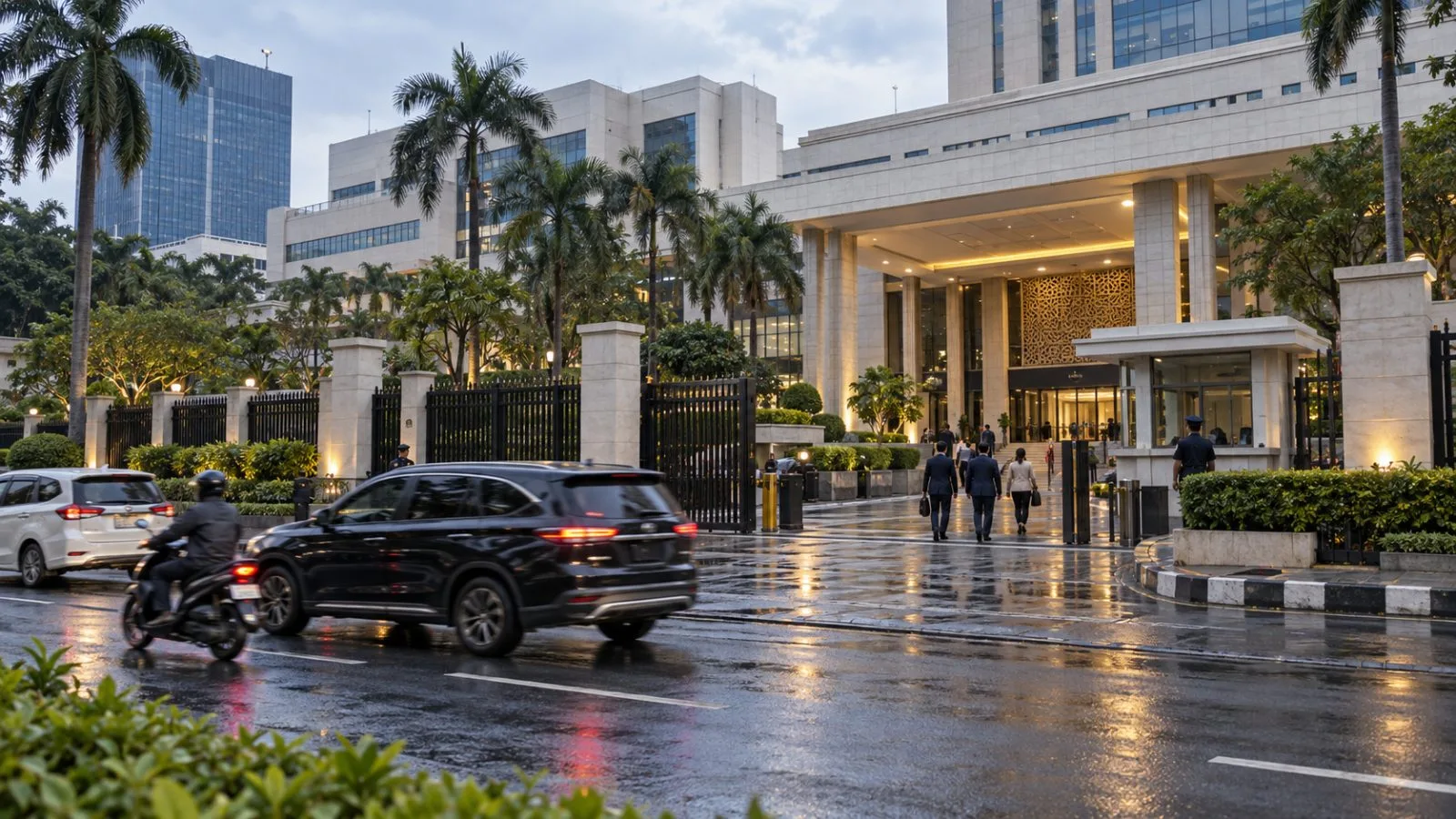 Officials enter the Foreign Ministry compound as traffic passes in central Jakarta, Indonesia (AI-generated image / EconoTimes)
