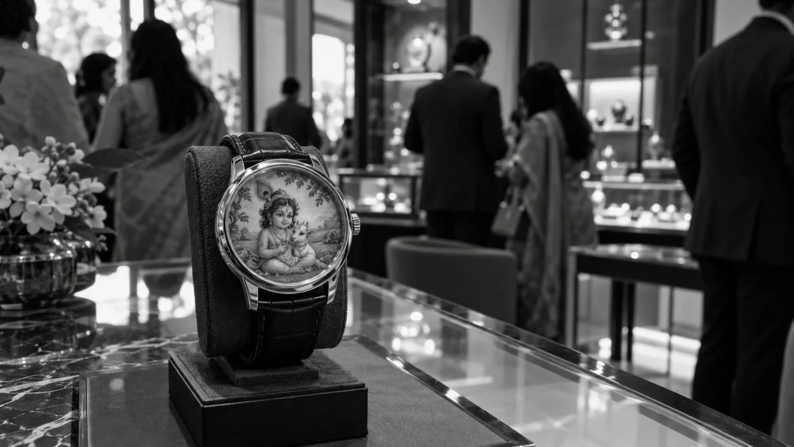 A rose-gold watch rests on a presentation stand inside a boutique in New Delhi, India. (AI-generated image / EconoTimes)