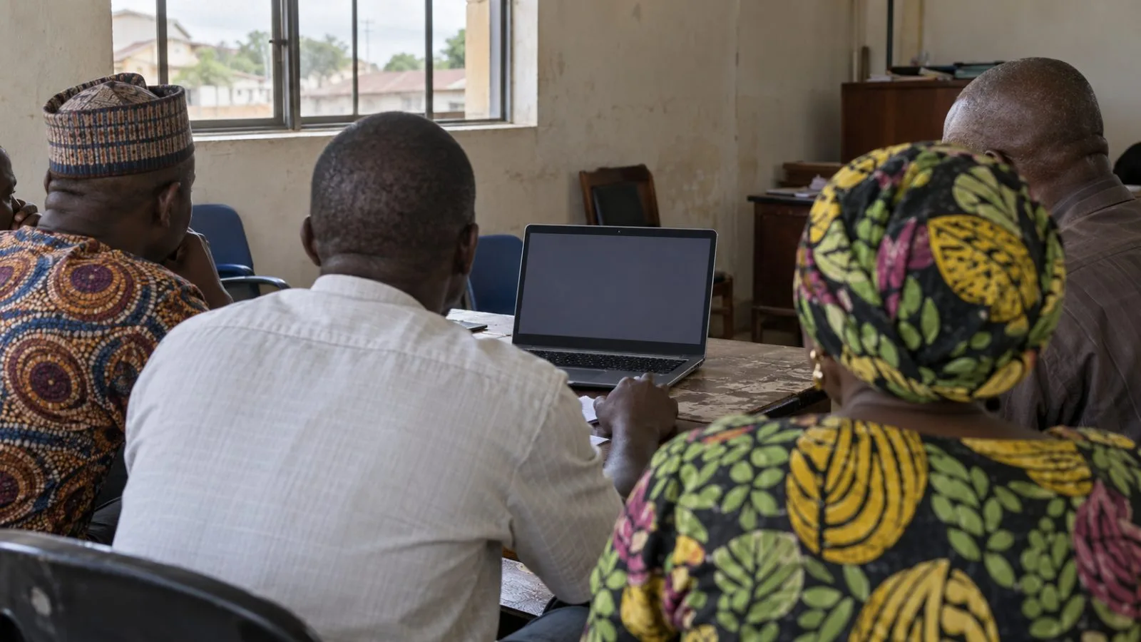 Participants join a virtual election forum around a laptop in Akure, southwestern Nigeria. (AI-generated image / EconoTimes)