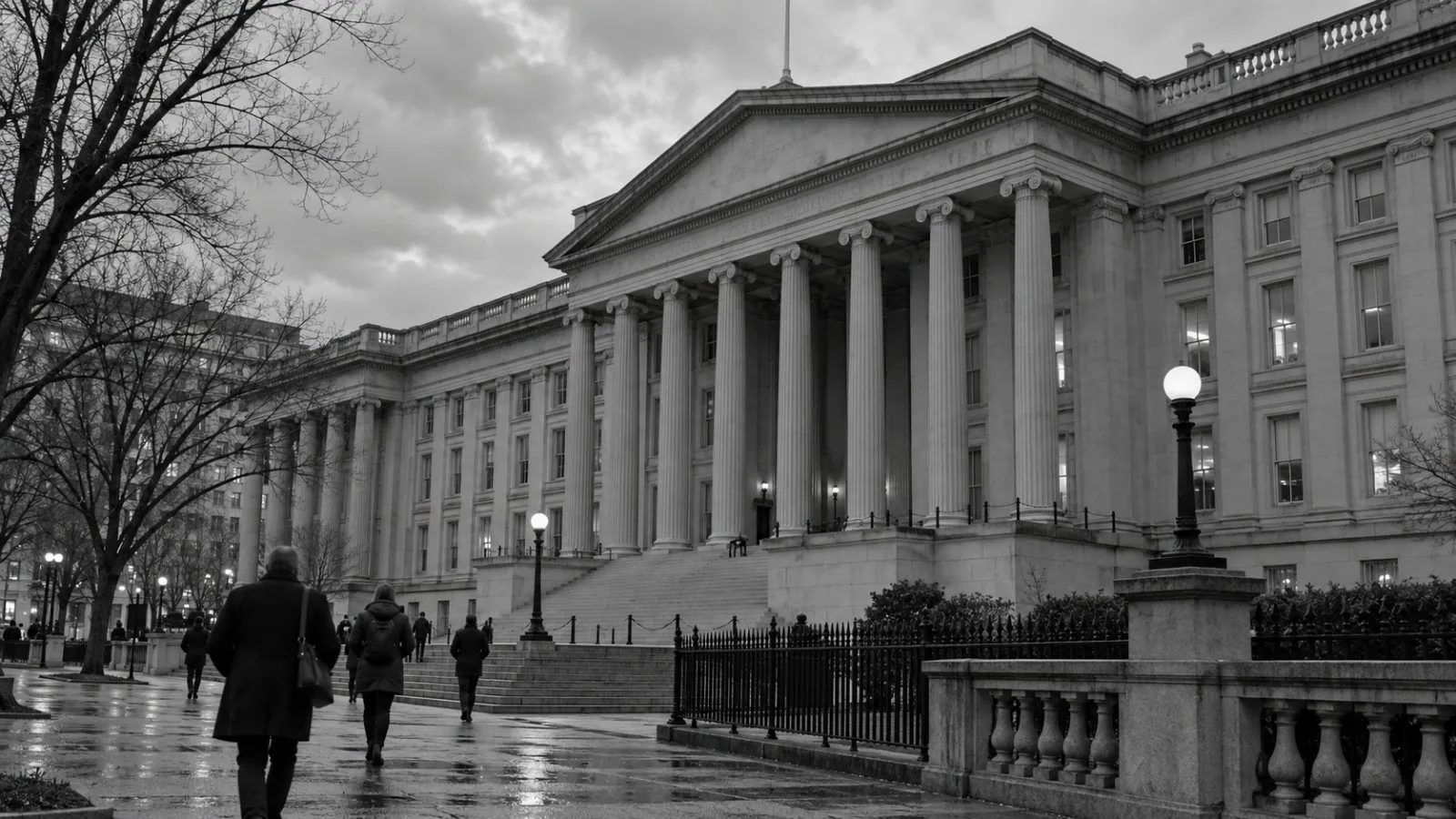 Pedestrians pass the U.S. Treasury building in Washington, D.C., under an overcast sky. (AI-generated image / EconoTimes)