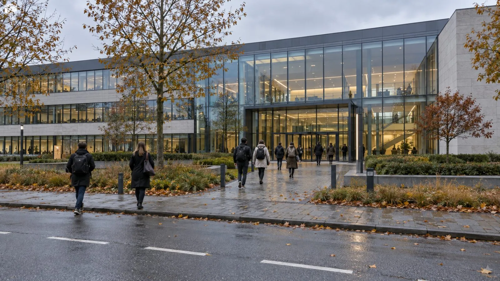 Employees enter ASM International’s headquarters in Almere, Netherlands, beneath an overcast autumn sky. (AI-generated image / EconoTimes)
