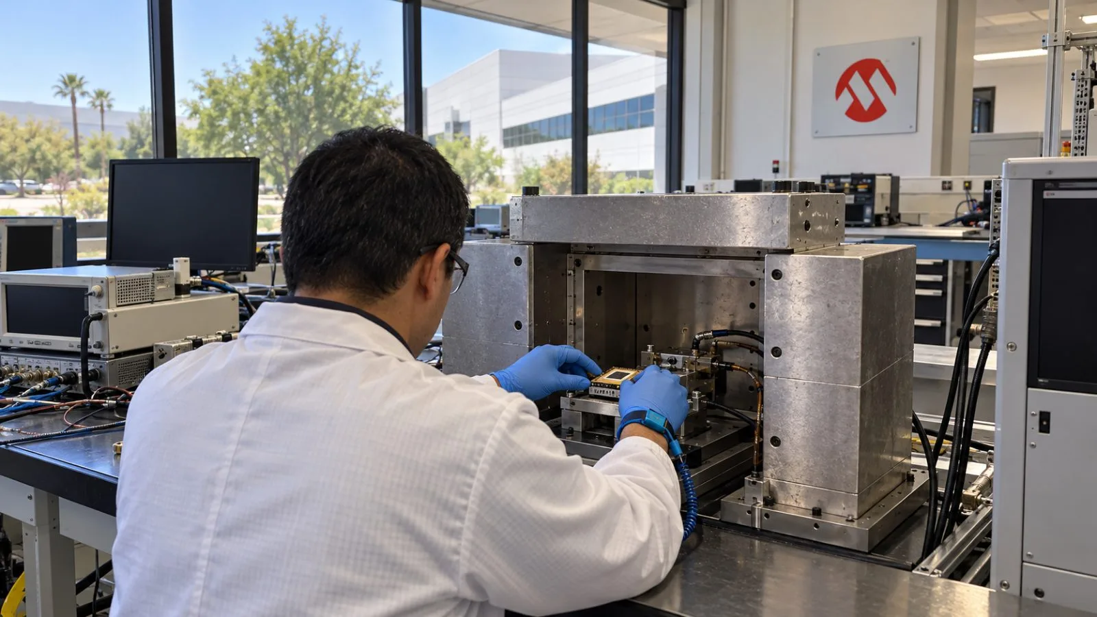 A technician positions a processor in a radiation test fixture at an electronics laboratory in Chandler, Arizona. / EconoTimes.ai