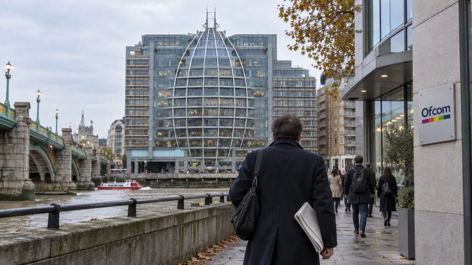 Pedestrians pass the Ofcom offices at Riverside House on a gray London morning. / EconoTimes.ai
