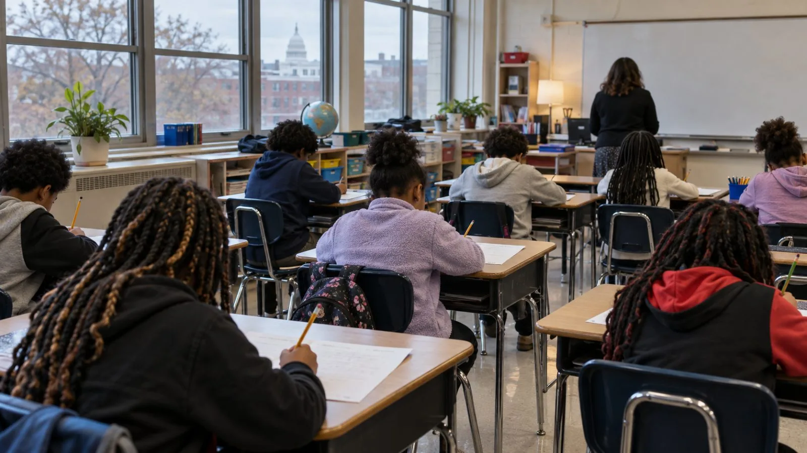 Pupils work through math problems during a morning lesson at a Washington, D.C., elementary school. (AI-generated image / EconoTimes)