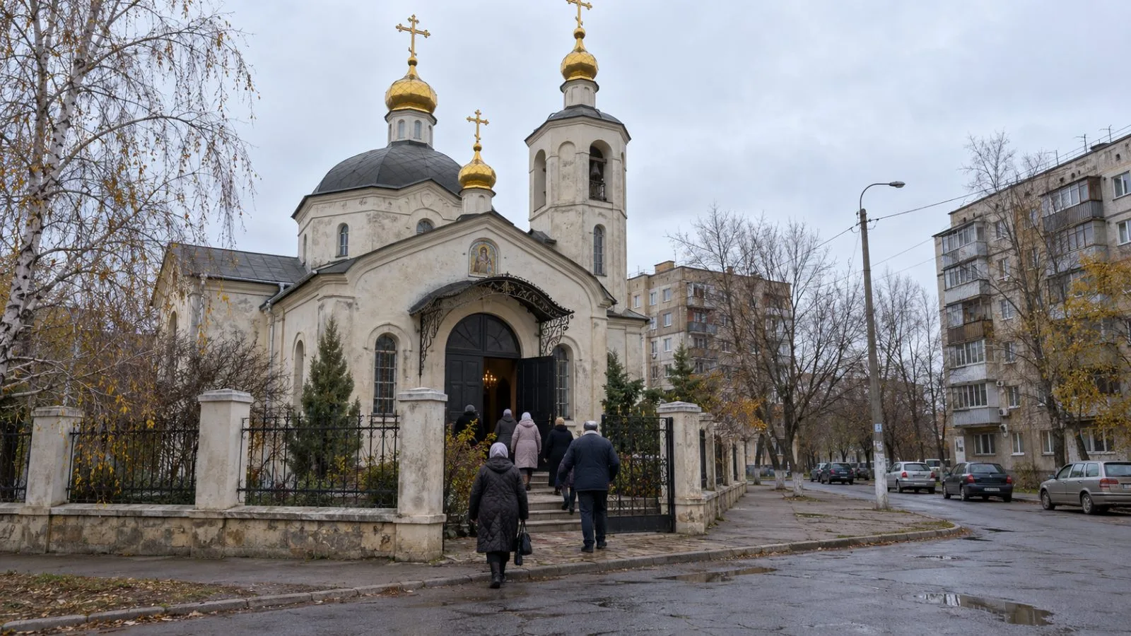 People approach a church on a residential street in Melitopol, Ukraine. (AI-generated image / EconoTimes)