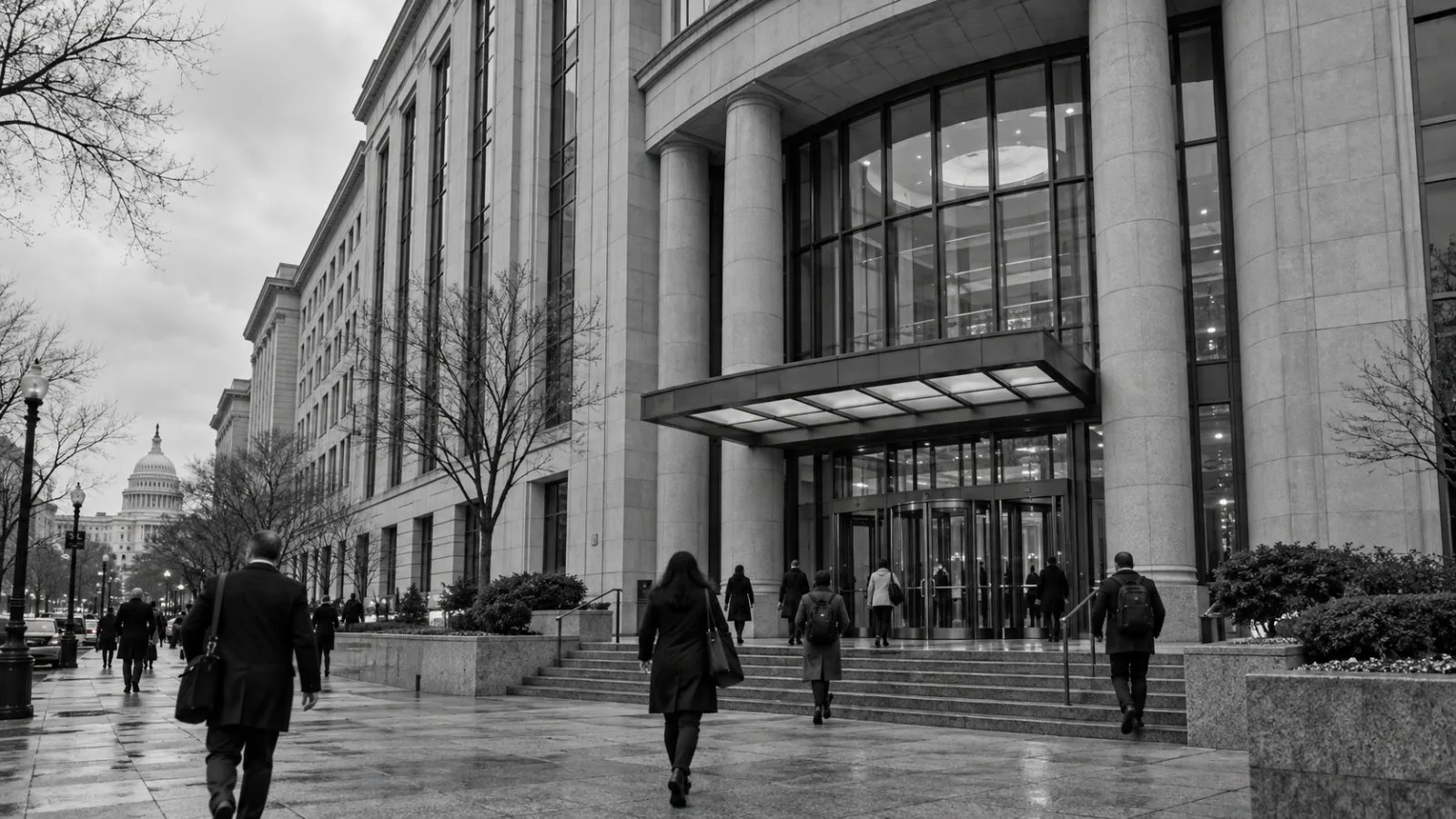 Pedestrians pass the federal communications regulator's headquarters in Washington, D.C. (AI-generated image / EconoTimes)