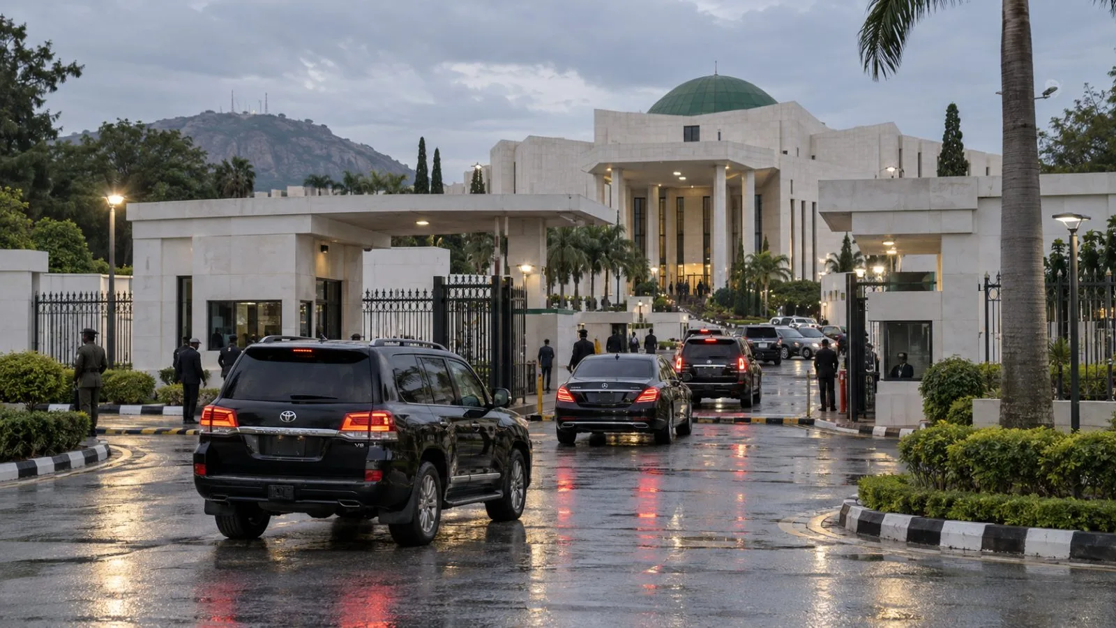 Official vehicles arrive outside the Presidential Villa in Abuja, Nigeria, under late afternoon light. (AI-generated image / EconoTimes)
