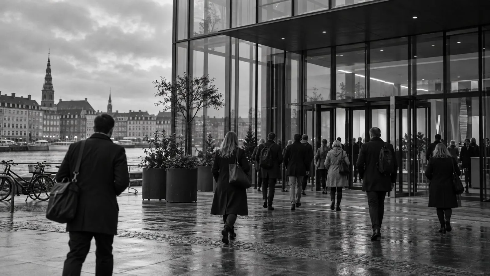 Life sciences professionals enter a conference venue in Copenhagen, Denmark, on a cloudy November morning. (AI-generated image / EconoTimes)