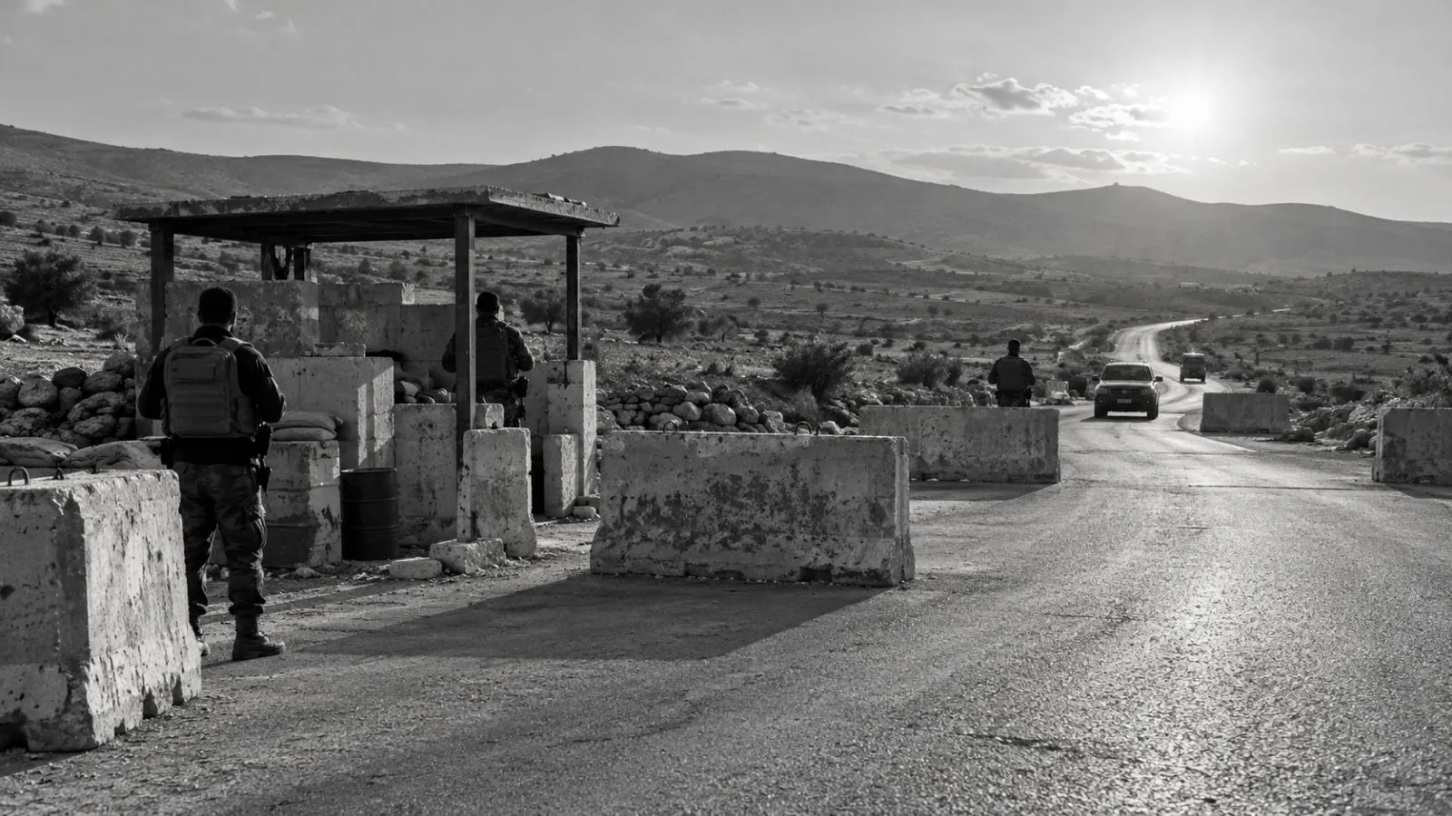Concrete barriers mark a roadside security post in western Suwayda, Syria. (AI-generated image / EconoTimes)