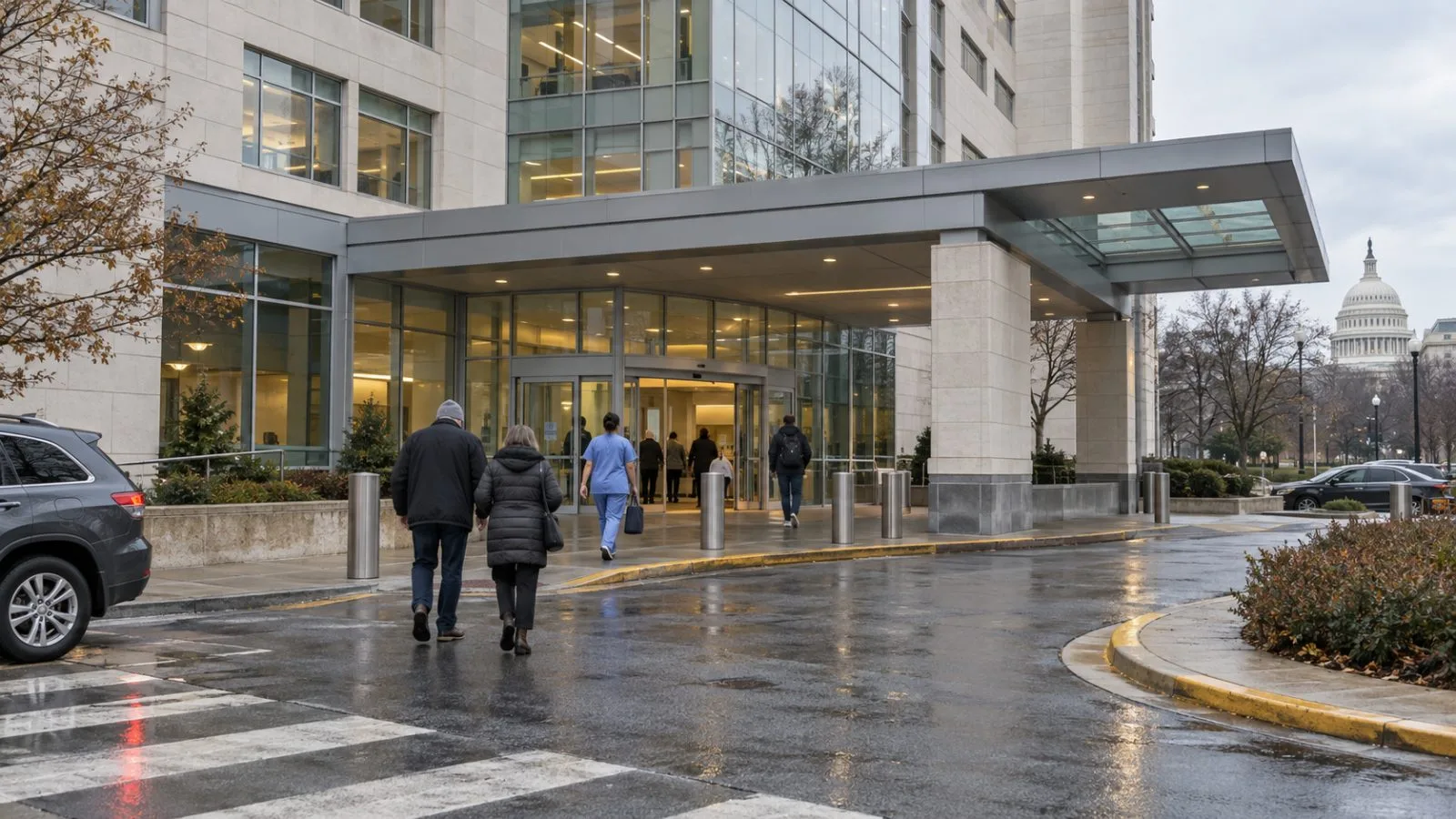 Patients enter a hospital in Washington, D.C., beneath an overcast morning sky. (AI-generated image / EconoTimes)