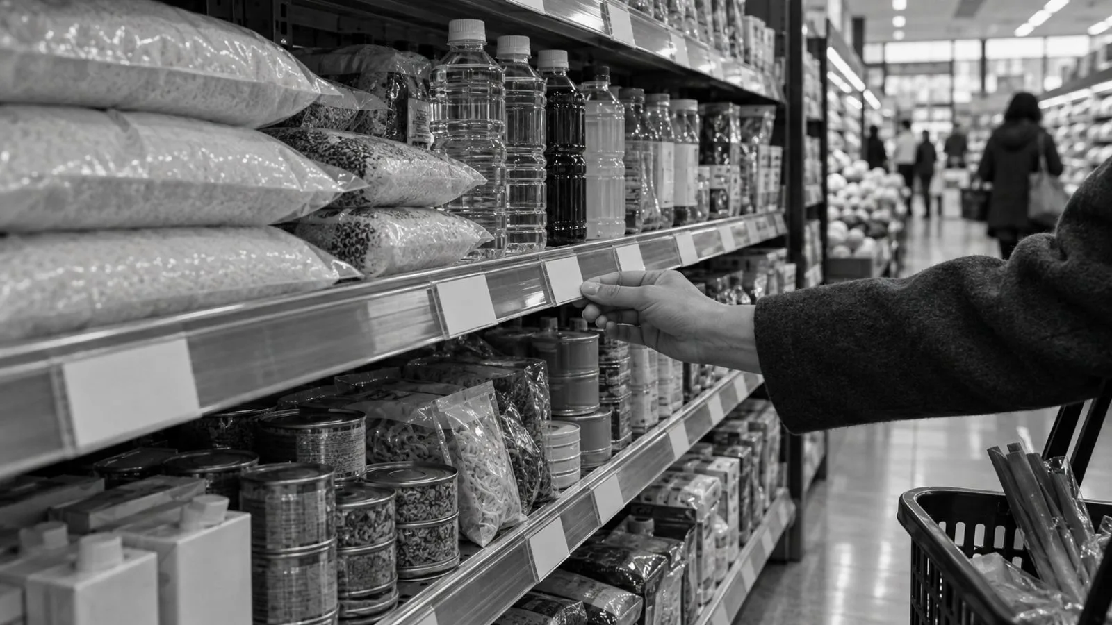 A shopper compares packaged food prices at a supermarket in Tokyo, Japan. (AI-generated image / EconoTimes)