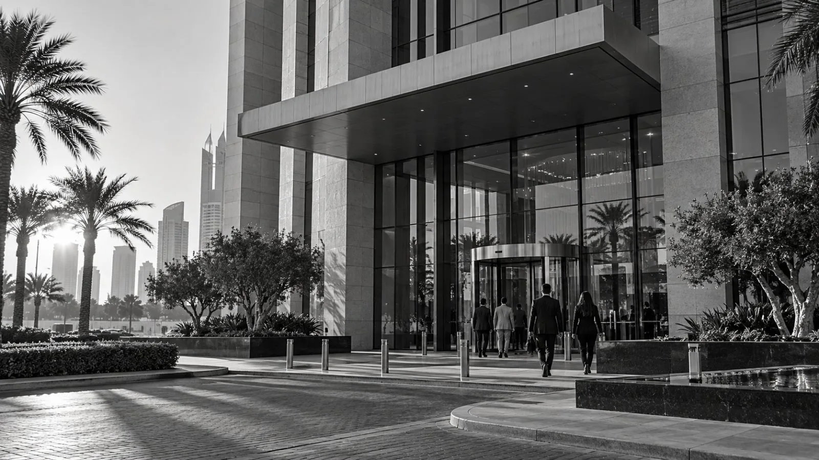 An office building stands in Manama’s Diplomatic Area, Bahrain, in late-afternoon light. (AI-generated image / EconoTimes)