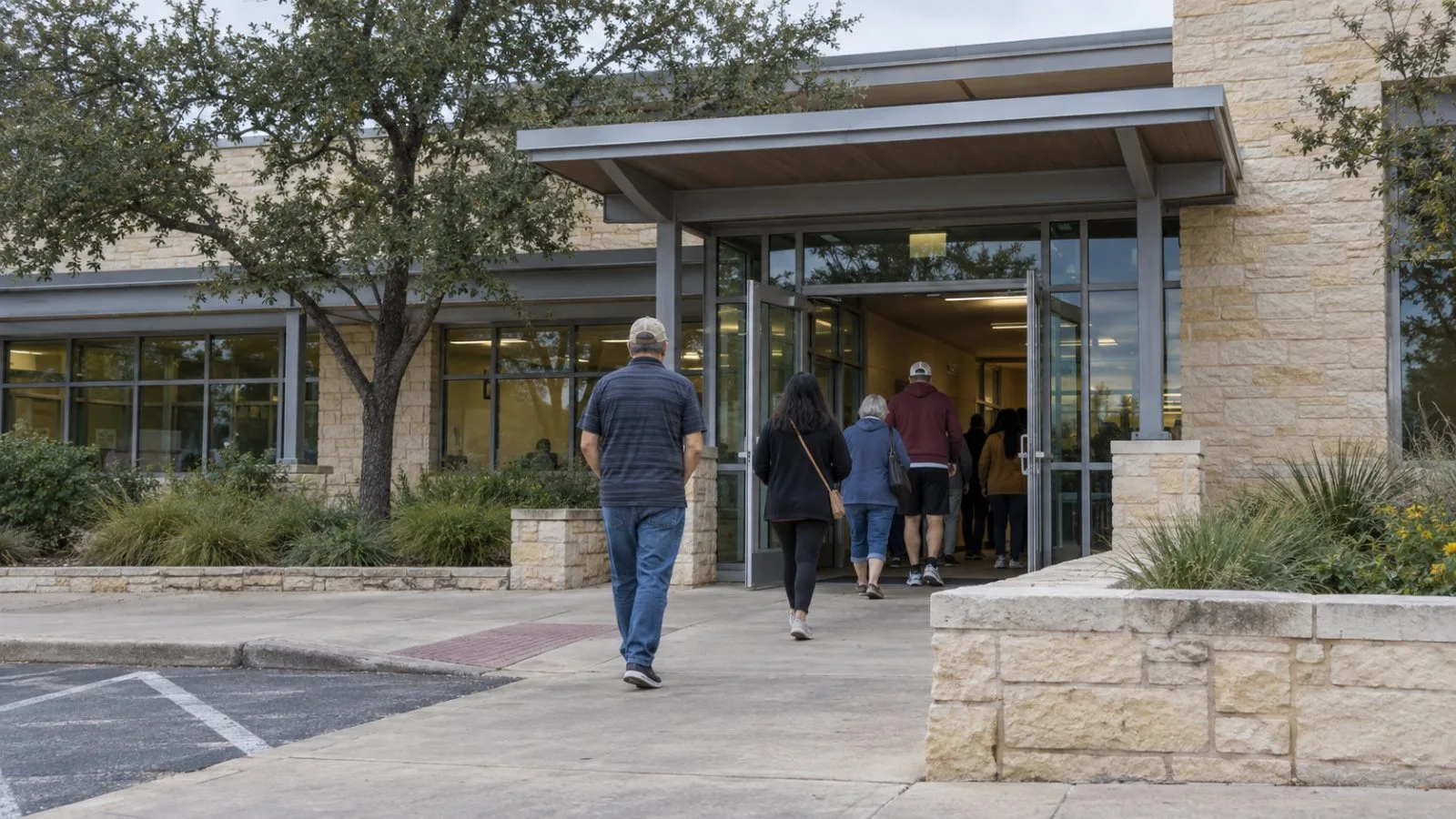 Voters enter an early-voting polling place in Austin, Texas, on a cloudy morning. (AI-generated image / EconoTimes)