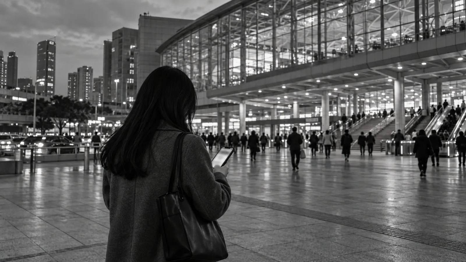 A commuter checks a smartphone outside Seoul Station in South Korea. (AI-generated image / EconoTimes)