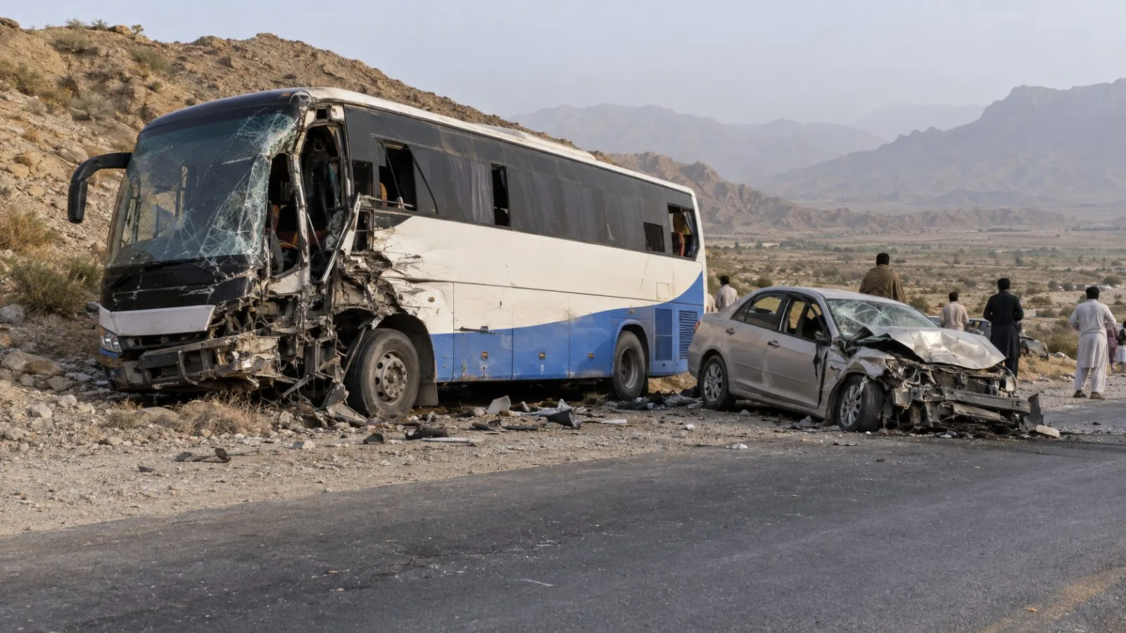 A damaged coach and passenger vehicle remain beside a highway near Uthal, Balochistan, Pakistan. (AI-generated image / EconoTimes)