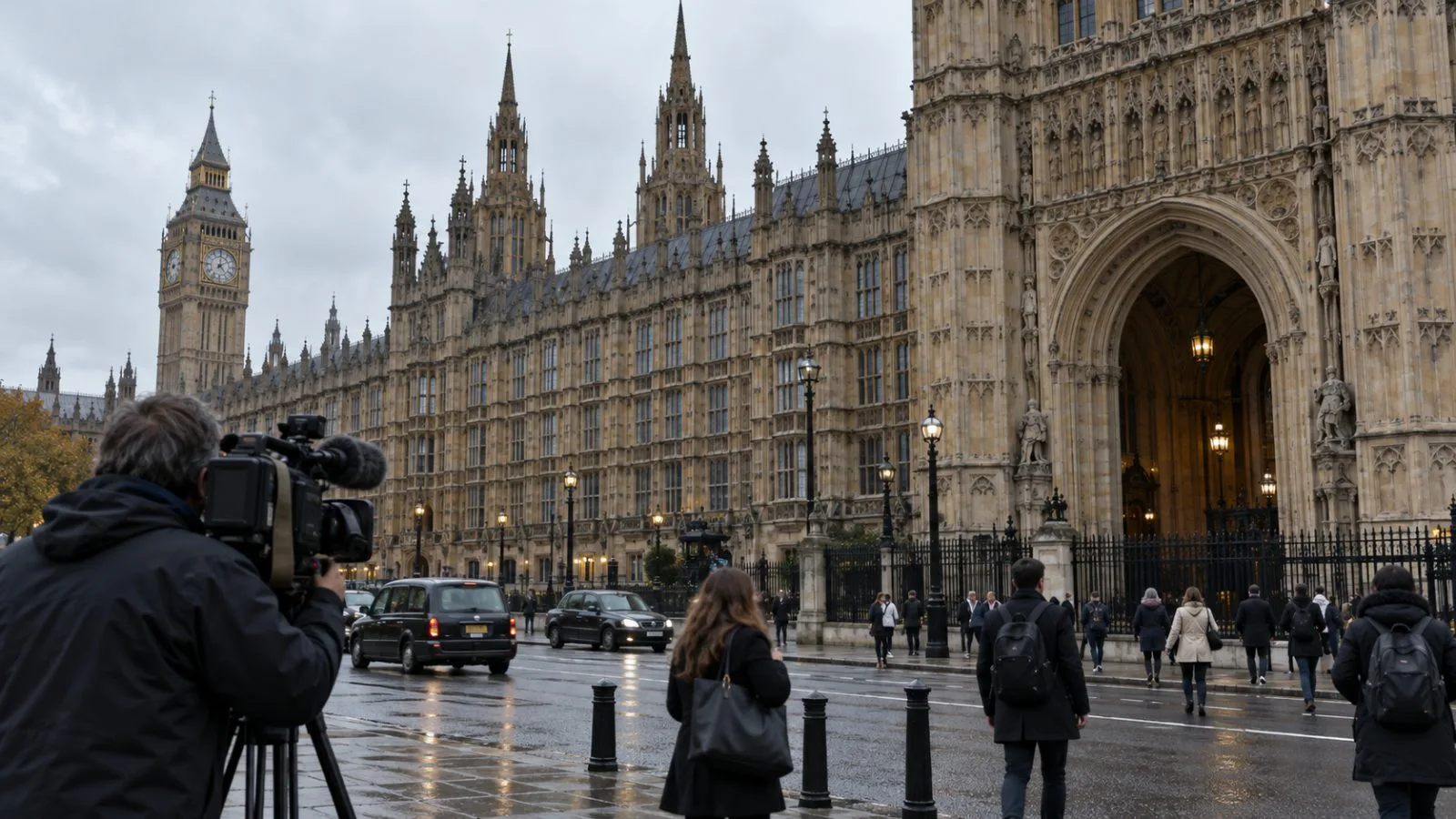 A camera operator films outside the Palace of Westminster in London on an overcast afternoon. (AI-generated image / EconoTimes)