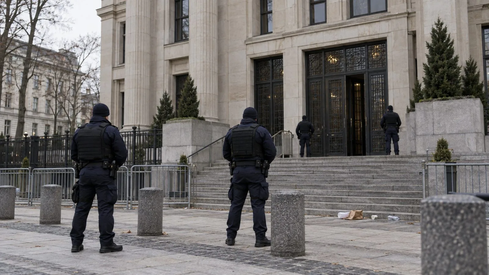 Police officers stand beside the perimeter fence outside Poland’s Constitutional Tribunal in Warsaw. / EconoTimes.ai