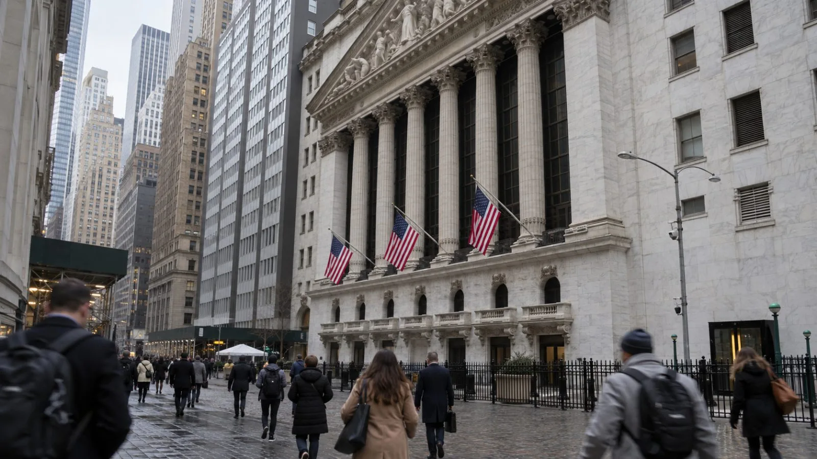 Pedestrians pass the New York Stock Exchange in New York City on an overcast morning. (AI-generated image / EconoTimes)