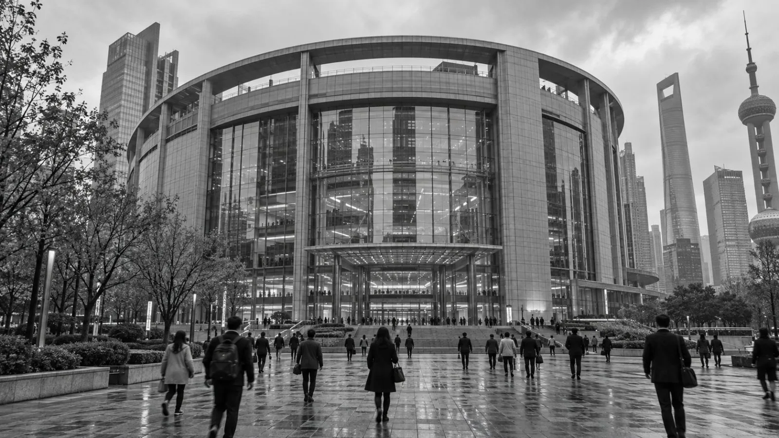 Passersby cross the plaza outside the Shanghai Stock Exchange in Shanghai on an overcast afternoon. (AI-generated image / EconoTimes)