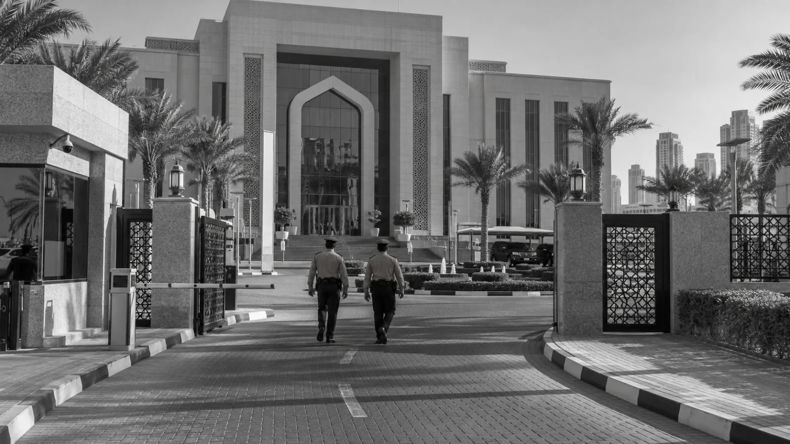 Police officers approach the Sharjah Police headquarters entrance in Sharjah, United Arab Emirates. (AI-generated image / EconoTimes)