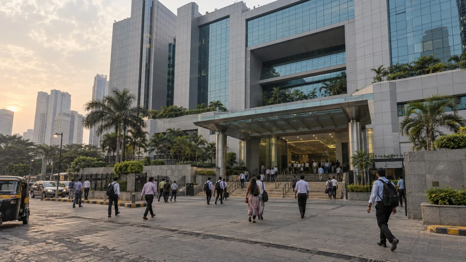 Pedestrians leave the National Stock Exchange building in Mumbai late afternoon. (AI-generated image / EconoTimes)