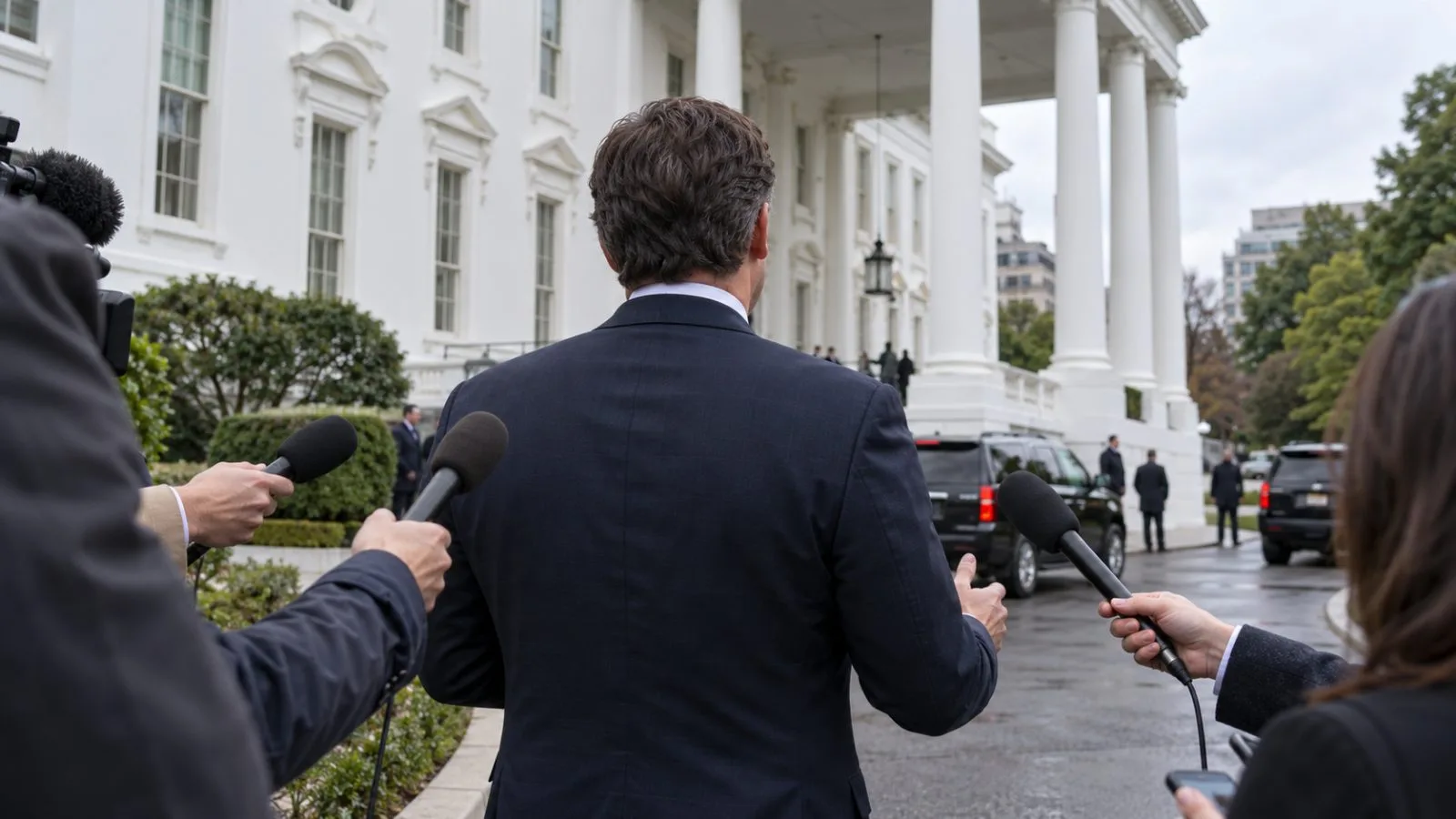 Reporters gather outside the White House in Washington during a press exchange. (AI-generated image / EconoTimes)