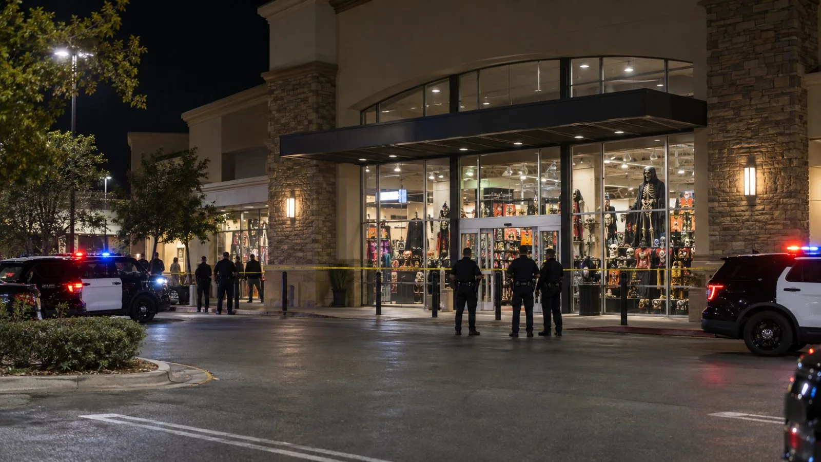 A secured Halloween store entrance sits beneath parking lights at Solano Town Center in Fairfield, California. (AI-generated image / EconoTimes)