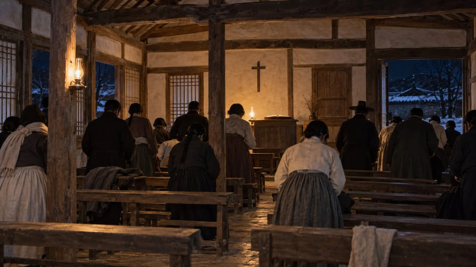 Worshippers gather for an evening Bible class in a Pyongyang church, January 1907. (AI-generated image / EconoTimes)
