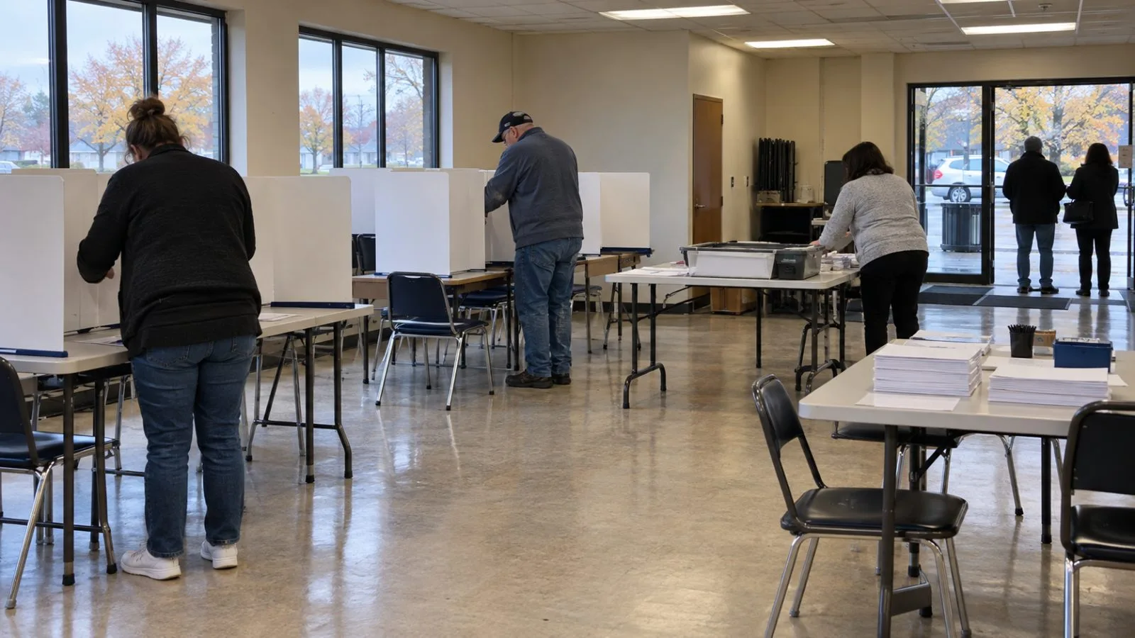 Poll workers prepare voting booths at a community-center polling station in Columbus, Ohio (AI-generated image / EconoTimes)