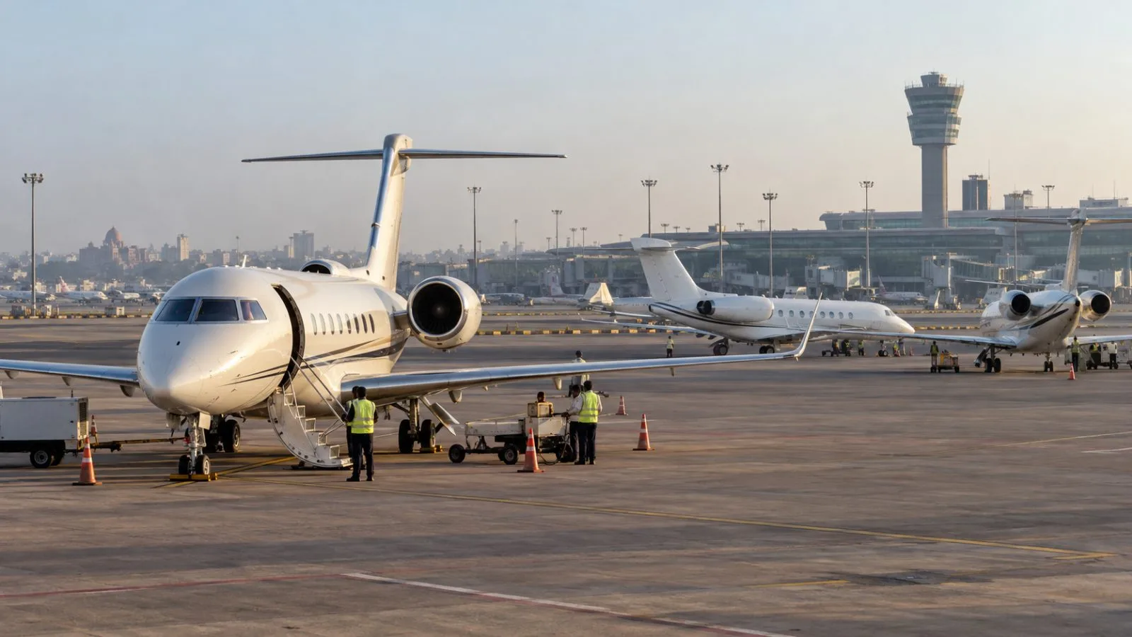 Business jets stand on an airport apron in New Delhi as ground crews work nearby. (AI-generated image / EconoTimes)