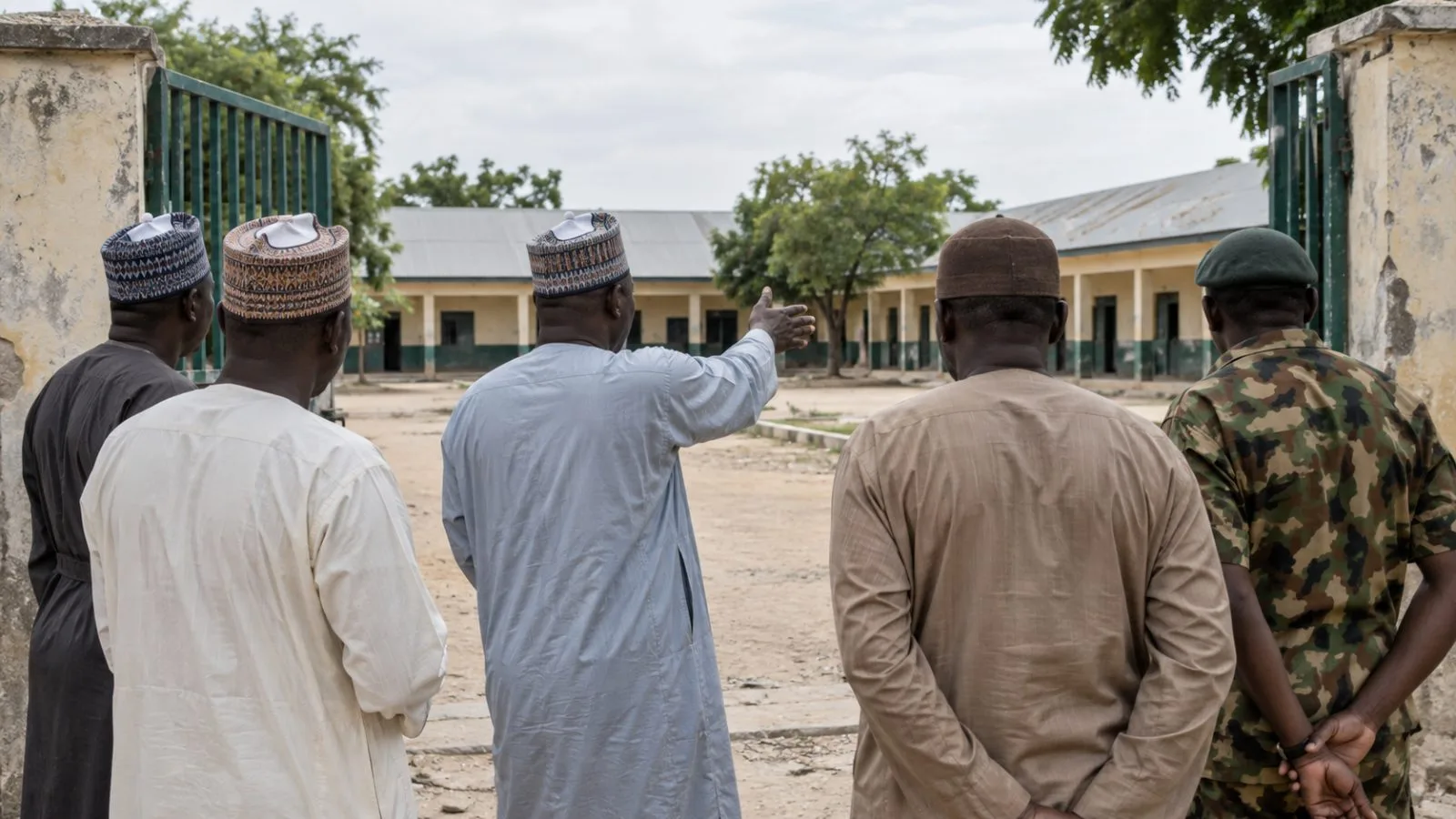 Men gather near a public school entrance in Maiduguri, Borno State, Nigeria. (AI-generated image / EconoTimes)