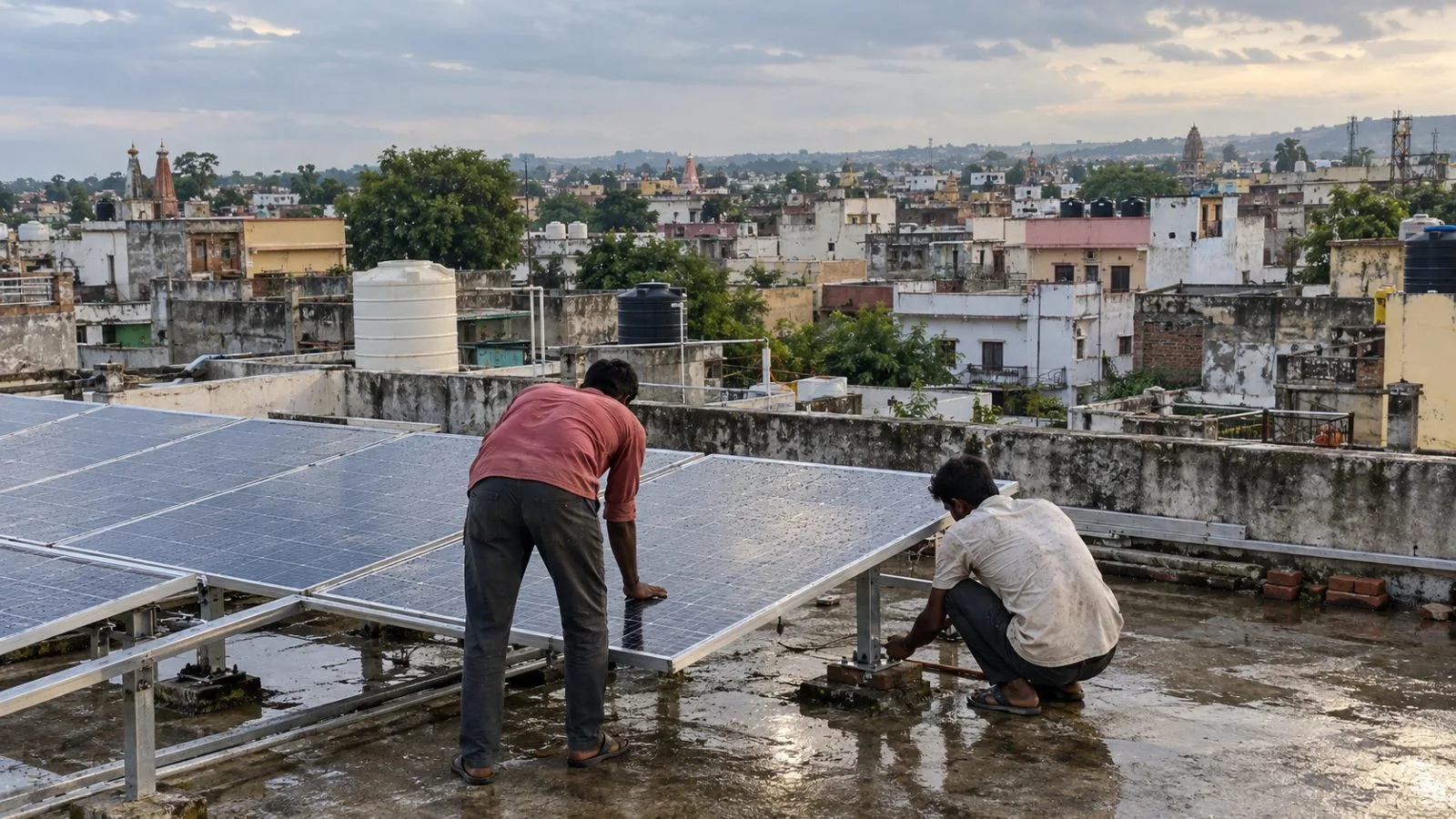 Installers secure rooftop solar panels above homes in Ratlam, Madhya Pradesh, India (AI-generated image / EconoTimes)
