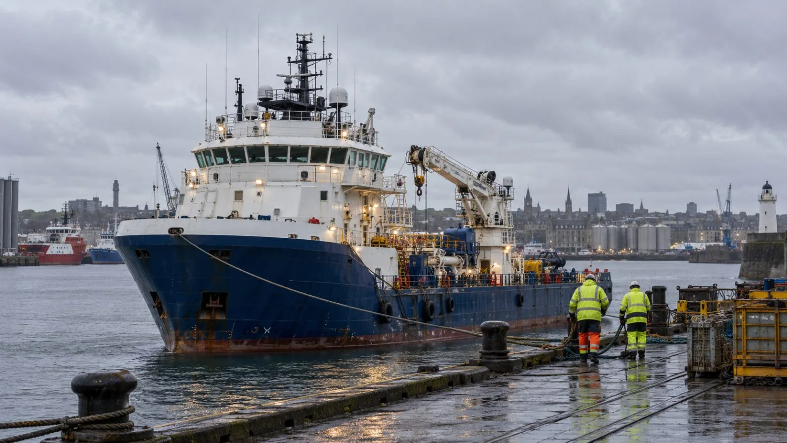 An offshore supply vessel sits at the Port of Aberdeen on Scotland’s North Sea coast. (AI-generated image / EconoTimes)