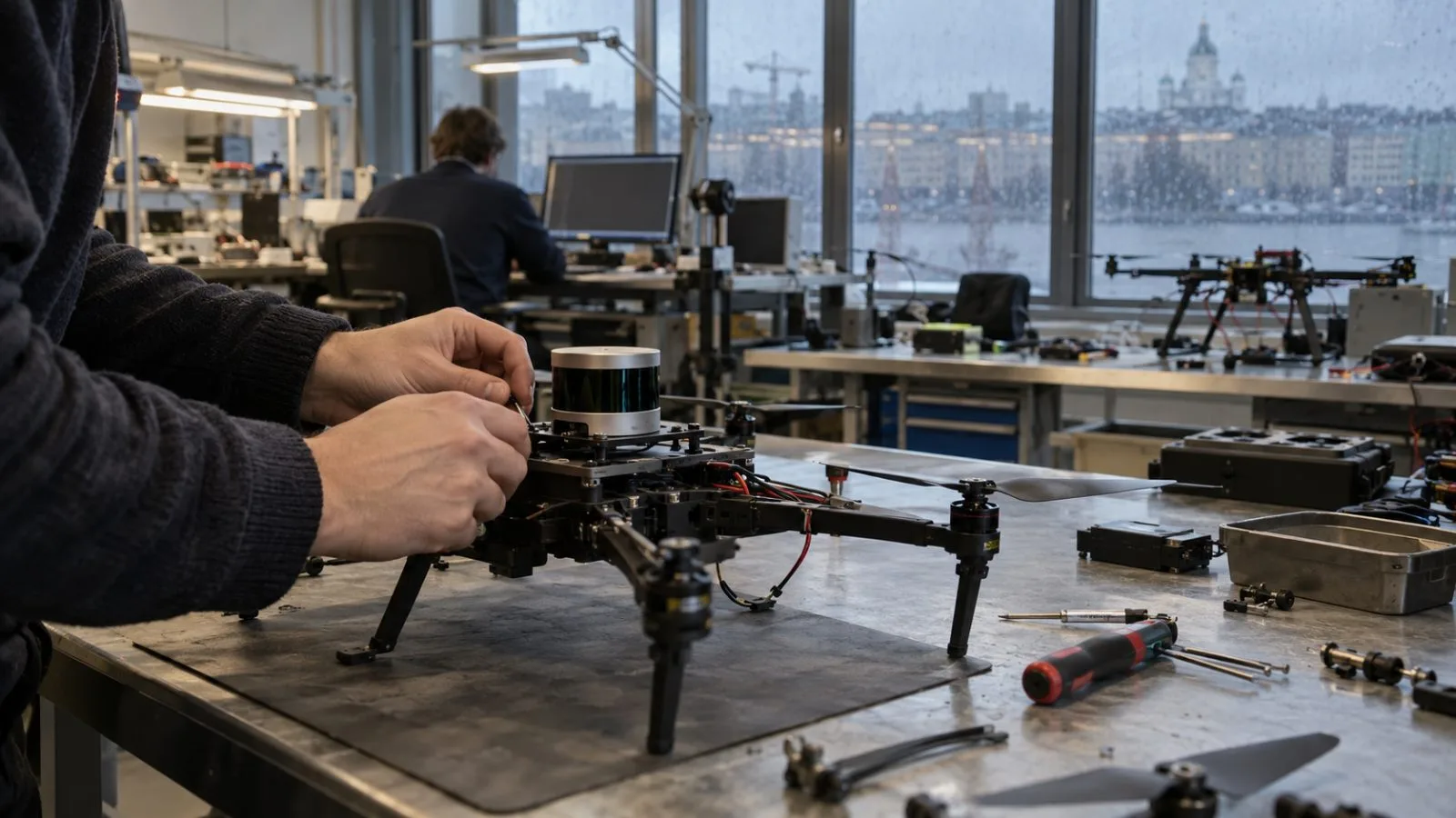 Technicians examine a compact drone in a research laboratory in Helsinki, Finland (AI-generated image / EconoTimes)